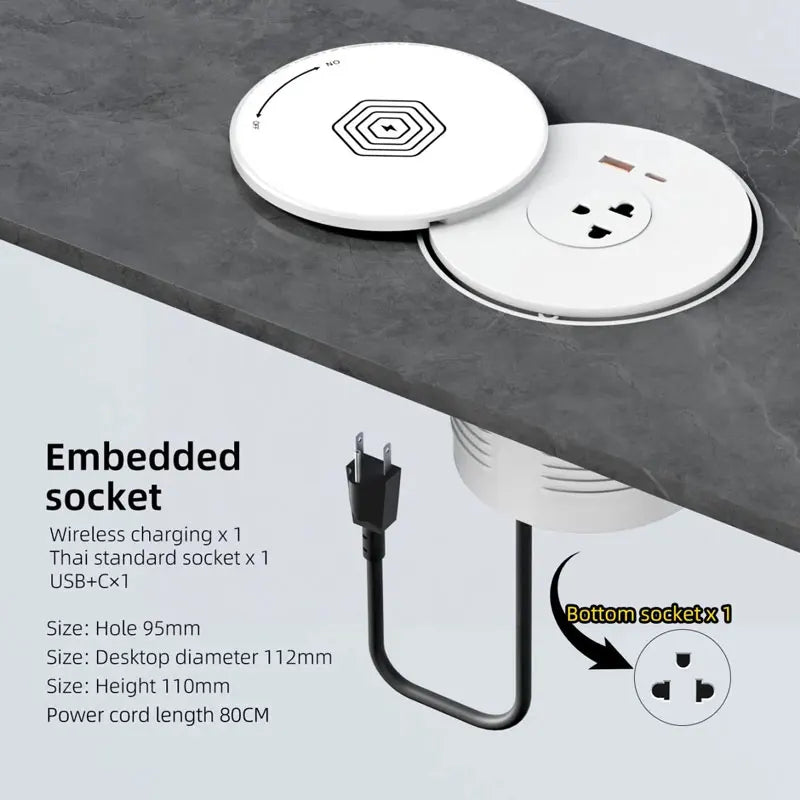 Desktop Embedded Universal Socket EU/US/UK with USB Type-C Charging Pop-Up Countertop Power Outlet (80cm Cord)