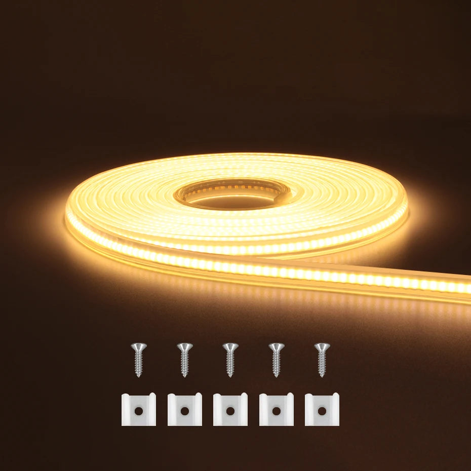 220V COB LED Strip Light 288LEDs/m IP65 Waterproof with Plug & Switch for Hallways & Stairs